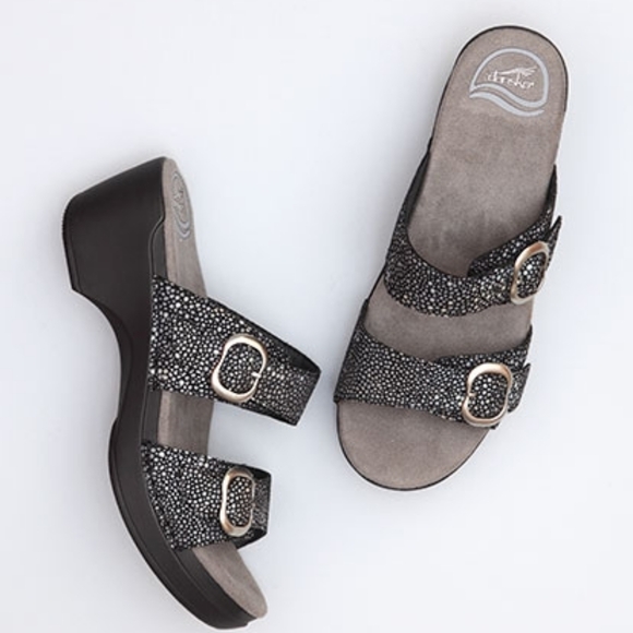 Dansko Sophie Sandals 37 Sparkle Slide Metallic black Buckle Iridescent Slip On